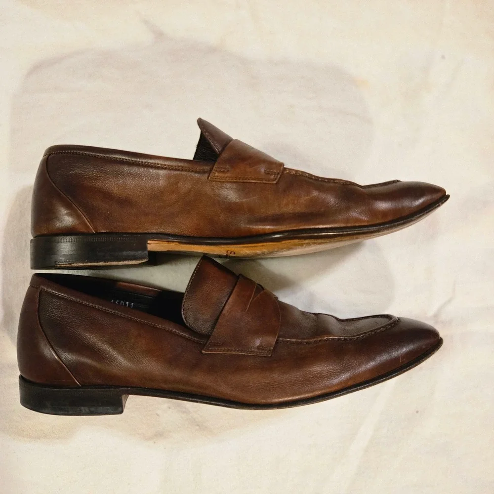 Santoni Loafers Size 11 Mens Brown Leather Penny Loafers Luxury Designer Italy